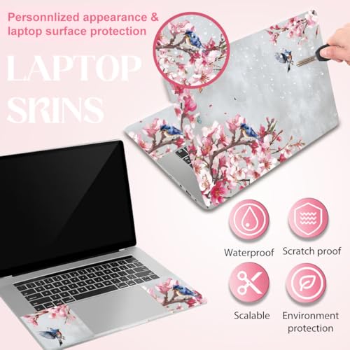 SUPERDANT Peach Blossom and Bird Laptop Skin Chinese Style Laptop Sticker PVC Computer Stickers Dustproof Waterproof Art Decal Protector 12" 13" 13.3" 14" 15" 15.4" 15.6" Notebook Art Decal White Pink