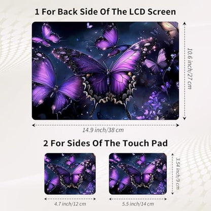 15.6 Inch Laptop Skin Sticker, Reusable Vinyl Cover Protector with 2 Wrist Pad Skins, Removable Waterproof Scratch-Resistant for 12-15.6 Inch Laptop Notebook,Purple Butterfly with Glittering - color: Purple Butterfly With Glittering