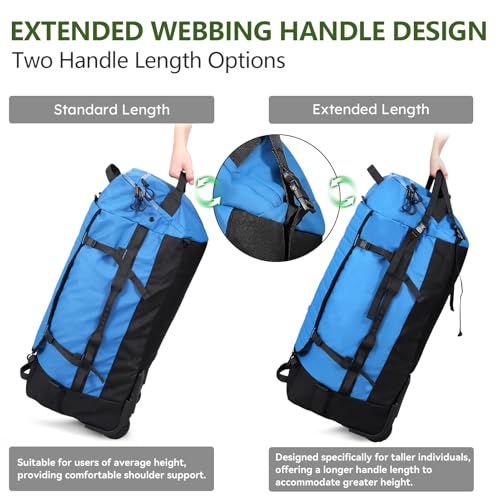 Vomgomfom 86L Collapsible Wheeled Duffle Bag Waterproof, Blue | Detachable Backpack Straps, Padded Laptop Sleeve, Quilted Reinforced Base, U-Shape Mesh Pocket, Shoe Compartment - color: Blue