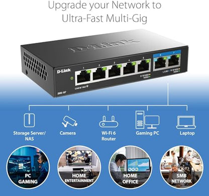 D-Link 7-Port 2.5GB Unmanaged Gaming Switch with 2 x 2.5G, 5 x 10/100/1000 Mbps - Multi-Gig, Network, Fanless, Plug & Play (DMS-107) Black - size: 2 Port 2.5Gb + 5 Port 1Gb