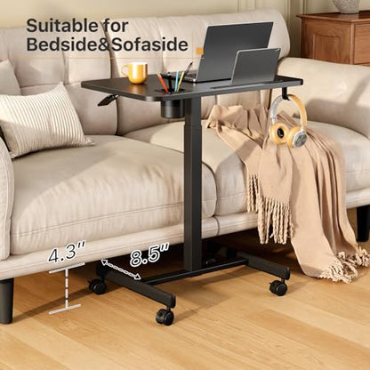28 inch Mobile Laptop Desk, Portable Sit Stand Cart with Wheels | Small Standing Desk with Cup Holder, Rolling Computer Workstation Height Adjustable with Hook on 4 Lockable Casters, Black - color: Black