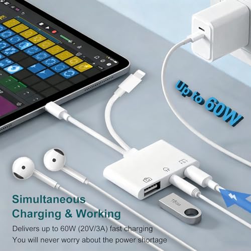 USB-C & Lightning to 3.5mm Headphone Adapter USB OTG Camera Adapter | USB-C/Lightning to USB Adapter with 3.5mm Audio Jack, OTG Data Transfer & PD 60W Fast Charging Port for iPhone/iPad/Android