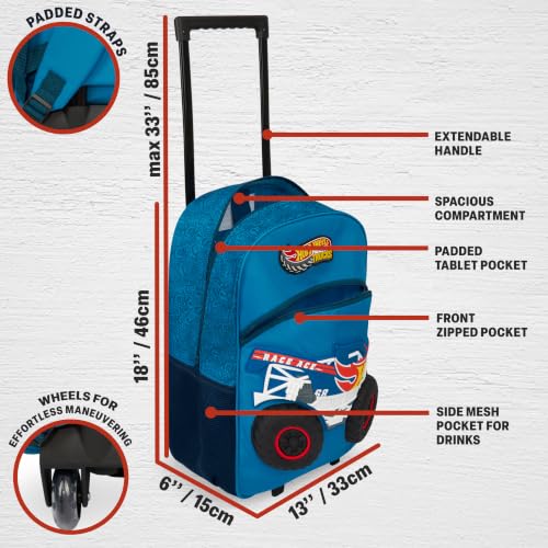 Get Trend Hot Wheels Monster Trucks 3D Rolling Luggage, 18” Travel Bag | 23L Cabin Suitcase, Lightweight Kids Carry On Backpack with Telescopic Handle for Trips, Holidays & School - color: Multi/Blue Hot Wheels