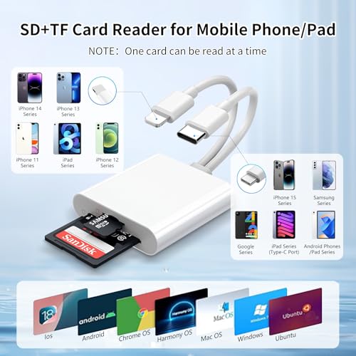 SD Card Reader for iPhone, iPad, Lightning Dual Port SD Card Adapter | USB C and Lightning Dual Port SD Card Adapter, Dual Interface Memory Card Reader, Support SD, Micro SD, USB3.0, Plug and Play - size: USB-C&Lightning