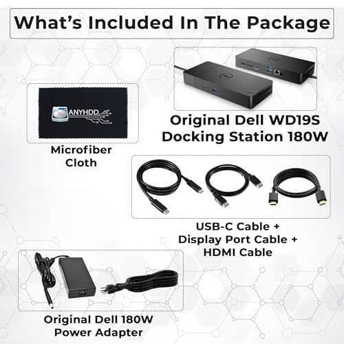 Dell WD19S Docking Station 180W (130W Power Delivery) - Dell Docking Station Dual Monitor, Dock Station with 180W Power Supply + HDMI Cable + DP Cable + USB-C Cable + Microfiber Cloth - style: WD19S 180W Renewed