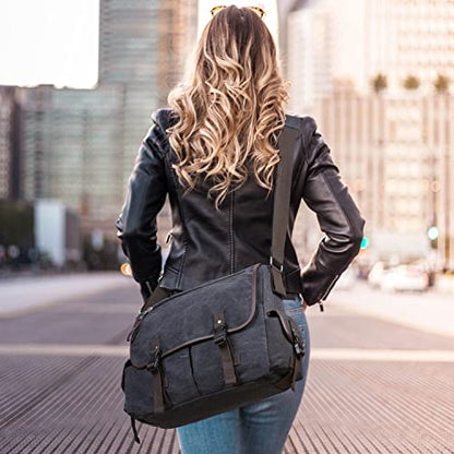 15.6 Inch Laptop Messenger Bag for Men Women, Canvas Computer Shoulder Bag, Work Briefcase for Business College Travel | Anti-theft Design - color: Black