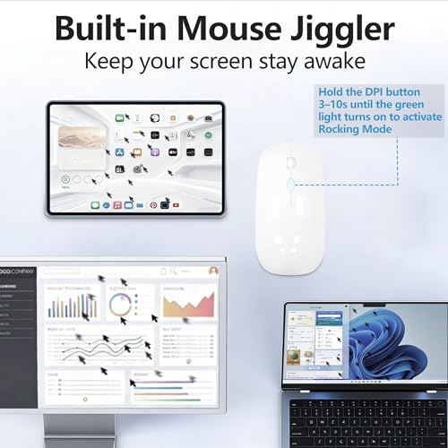 Silent Bluetooth Wireless Mouse with Jiggler, Rechargeable Portable Mouse for MacBook, iPad, Laptop & PC, Dual Mode BT5.2 and 2.4G, USB-C/USB-A Receiver, Adjustable DPI Compact Travel Mouse -White - color: White