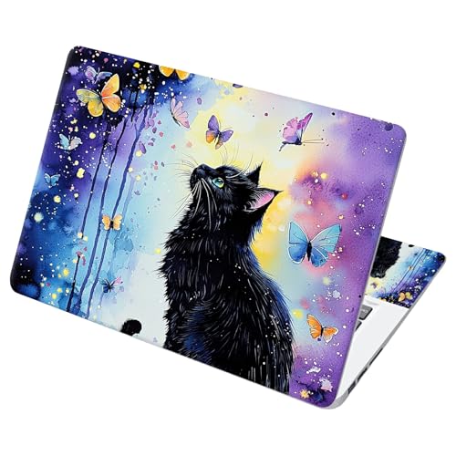 Universal Laptop Skin Sticker with 2 Wrist Pad Decals, 3-Piece Removable Vinyl Laptop Cover, Butterfly Black Cat Waterproof Anti-Scratch, Easy-Trim Fit for 13.3" 14" 15.6" Laptops - color: Butterfly Black Cat