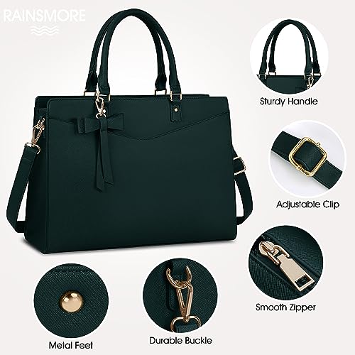 RAINSMORE Laptop Bag for Women 15.6 Inch PU Tote Bag Business Work Bag Waterproof Briefcase Computer Tote Lightweight Handbag Shoulder, Dark Green - color: Dark Green