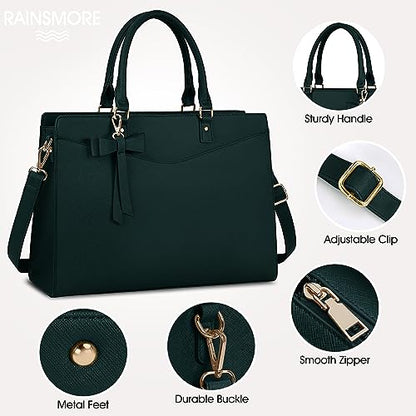 RAINSMORE Laptop Bag for Women 15.6 Inch PU Tote Bag Business Work Bag Waterproof Briefcase Computer Tote Lightweight Handbag Shoulder, Dark Green - color: Dark Green