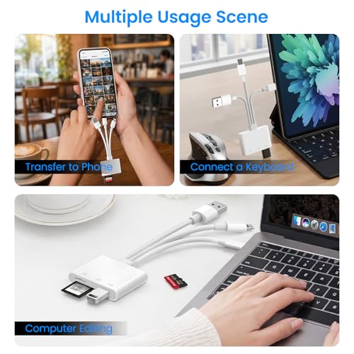 SD Card Reader for iPhone iPad Mac, USB-C & Lightning & USB-A 3-in-1 MicroSD/SD Adapter, High-Speed Plug & Play USB C Memory Card Reader for Digital Camera Trail Camera, USB-A Laptop Computer