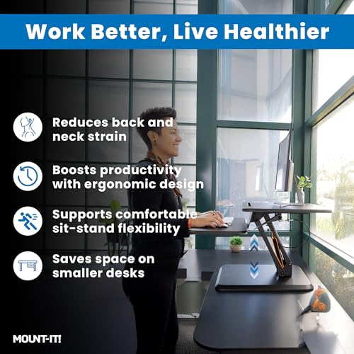 Mount-It! Standing Desk Converter, Compact 25" Sit Stand Desk Riser with Gas Spring Lift, Adjustable Height Desktop Riser for Laptop, Monitor, and Keyboard, Small Home Office Desk Converter - size: 25 " Width
