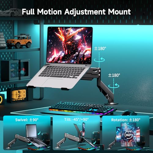 Pholiten 2 in 1 Laptop Desk Mount with Gas Spring Arm | Monitor Laptop Stand for 12-17" Notebook and 13-32" Computer Screen,Full Motion with Vented Tray, Holds 22lbs