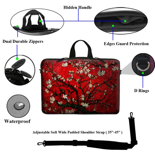 Meffort Inc 14 14.1 Inch Neoprene Laptop Sleeve Bag Carrying Case with Hidden Handle and Adjustable Shoulder Strap (Vincent Van Gogh Cherry Blossom) - color: Vincent Van Gogh Cherry Blossom