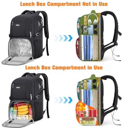 Insulated Lunch Backpack Fit 17" Laptop with Cooler Compartment | 2 In 1 Work Backpack with Lunch Box, Lunch Compartment, Water-Resistant, Lightweight, College Couputer Bag, Men & Women - color: Black