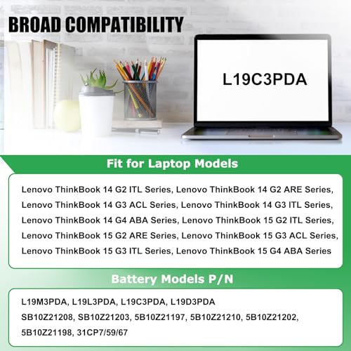 L19M3PDA L19C3PDA Laptop Battery Replacement for Lenovo ThinkBook 14 G2 ITL are 14 G3 ACL ITL 14 G4 ABA IAP 15 G2 ITL are 15 G3 ACL ITL 15 G4 ABA IAP Series L19L3PDA L19D3PDA 11.52V 45Wh - size: 3.53*3.14*0.23inch L19M3PDA