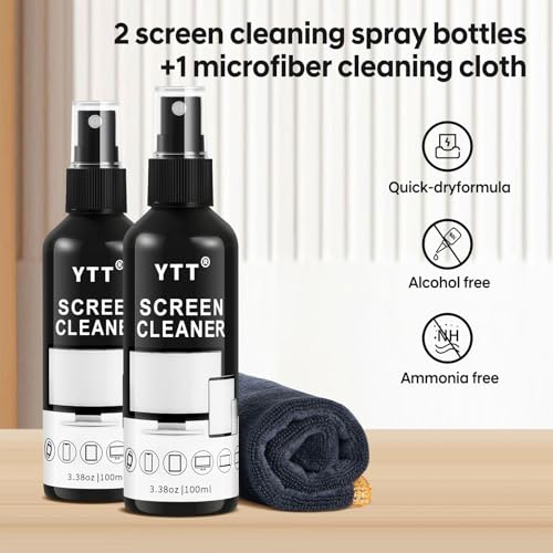 YTT Screen Cleaner Spray, Large Bottle Screen Cleaner kit | 2×100ml portable spray bottles, lint-free cloth, streak-free cleaner for LCD LED OLED TV, laptop, phone, car screen