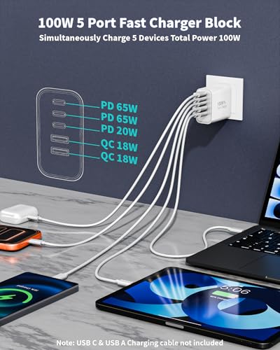 100W USB C Charger Block, 2Pack 5-Port GaN Wall Charger Fast Charging Plug, Multiple PD Power Adapter+QC Plug, USB C Box Cube Compatible with iPhone 17 Air 16 15 14 13 Pro Max Plus,Samsung,MacBook/Air