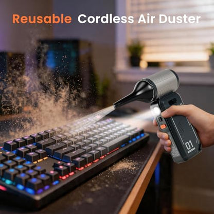 130,000 RPM Rechargeable Compressed Air Duster, Black | Stepless airflow, LED work light and 4 attachments for keyboards, computers, cars and narrow spaces - color: Black