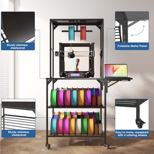 Heavy Duty 3D Printer Stand with Storage - Large Metal 3D Printer Table with Filament Storage for 54 Spools, Rolling 3D Printer Workbench with Locking Wheels & T-Shaped Spool Holder