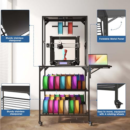 Heavy Duty 3D Printer Stand with Storage - Large Metal 3D Printer Table with Filament Storage for 54 Spools, Rolling 3D Printer Workbench with Locking Wheels & T-Shaped Spool Holder