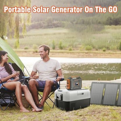 Portable Solar Generator 300W Power Station with Foldable 60W Solar Panel, Portable Power Bank 65W with DC AC Outlet 110V for Laptop Smart Device Home RV Outdoor Hiking Camping Adventure