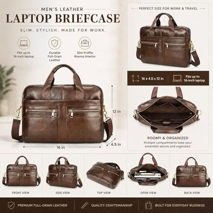 Men's Leather Laptop Bag 15 IN, Water-Resistant Briefcase Messenger Bag for Work, Business, Shoulder Crossbody Office Satchel - color: Brown-3
