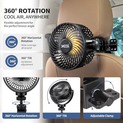 XOOL 12000mAh Rechargeable Clip Car Fan, 6-Inch Battery Operated Car Fan with 3 Speeds & 3 Brightness LED Light, Portable Cooling Fan with Sturdy Clamp for SUV, RV, Golf Cart, Camping - size: Rechargeable Clip Fan - Power Bank