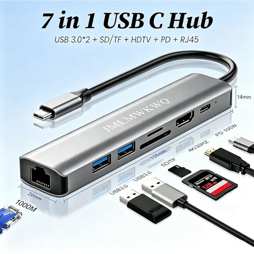7-in-1 USB-C Hub with Gigabit Ethernet, 100W PD Fast Charging, 4K@30Hz HDMI Adapter, 2 USB 3.0 Ports, SD/TF Card Reader, and Aluminum Alloy Portable Docking Station for laptops/Phones (30Hz) - size: 30Hz