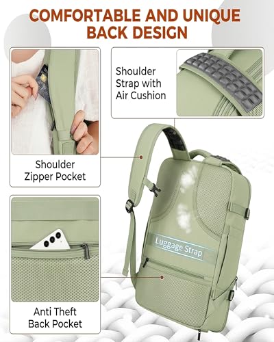 Vancropak Carry on Backpack for Airplane, Travel Backpack Fits 17.3" Laptop | Shoe Compartment, 3 Packing Cubes, 18x14x8 Travel Backpack, 40L Expandable Suitcase, Lightweight Anti Theft Weekender Bag - color: Green