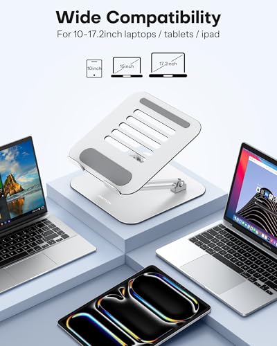 OMOTON Laptop Stand, Adjustable Metal Foldable Riser 10-17.2", Silver | Ergonomic Cooling Laptop Holder, Height Adjustable to 270mm for Sit-Stand, Portable Travel
