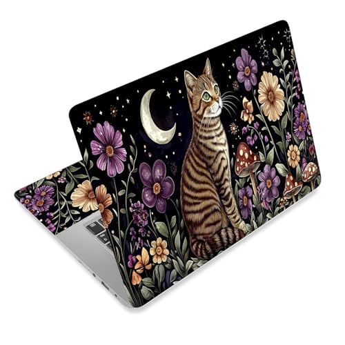 Laptop Skin Sticker Decal for 12 13 13.3 14 15 15.6 in, Universal Vinyl Waterresistant Protector Cover for Notebook PC Netbook, Computer Decor for Women Girls Moonlit Cat & Flowers - color: Moonlit Cat & Flowers