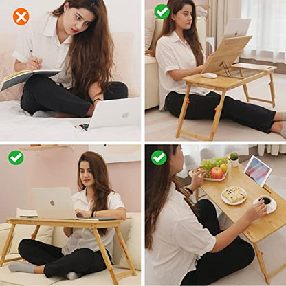 Lap Desk COIWAI Laptop Table Bamboo Writing Eating Bed Tray Adjustable Angle Height Foldable Desk Tray with Tablet Slot Drawer Breakfast Coffee Tea Table for Sofa Couch Floor Large Size - size: 28.8" *13.4" Height&Angle adjust