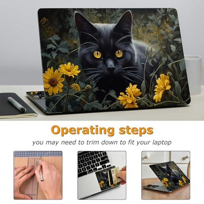 Universal Laptop Skin Sticker with 2 Wrist Pad Decals, 3-Piece Removable Vinyl Laptop Cover, Black Cat Sunflower Waterproof Anti-Scratch, Easy-Trim Fit for 13.3" 14" 15.6" Laptops - color: Black Cat Sunflower