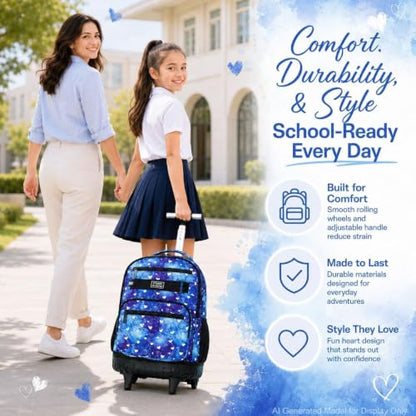 3Pcs Rolling Backpack for Girls, 19 Inche Women Roller Bag with Wheels for Adults, Wheeled Bookbag with Lunch Box(Blue) - color: Blue Love