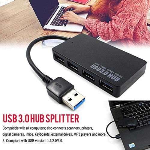 USB 3.0 Hub 4 Port High Speed Slim Compact Expansion Splitter, black, 159187