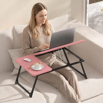 Laptop Bed Desk, 5-Angle Adjustable Bed Laptop Table with Cup Holder | Foldable Laptop Stand for Couch & Sofa, Portable Laptop Tray for Adults Writing Reading Eating, Pink - color: Pink