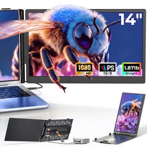 Laptop Screen Extender, 14” FHD 1080P Portable Monitor for Laptop with 100% sRGB, Dual Screen Extender for Laptop 13–17.3”, Plug & Play External Monitor, Business Travel & Home Office - color: Black