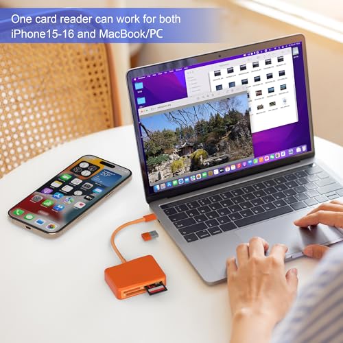 SD Card Reader, 4 in 1 USB C to SD/TF/CF/MS Card Reader with USB to USB C Adapter Memroy Card Reader for iPhone 17/16/15 Pro Max iPad Pro MacBook Pro/Air iMac M4/M3 Android Phone/Tablet PC (Orange) - color: Orange