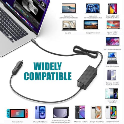 Laptop Car Charger USB C PD 100W 95W 90W 65W 45W DC Adapter for Lenovo Thinkpad/Yoga/IdeaPad,Dell Latitude/XPS,LG Gram,MacBook Pro/Air,HP Spectre/Elitebook,Surface,Acer,Asus,MSI,Chromebook Charger