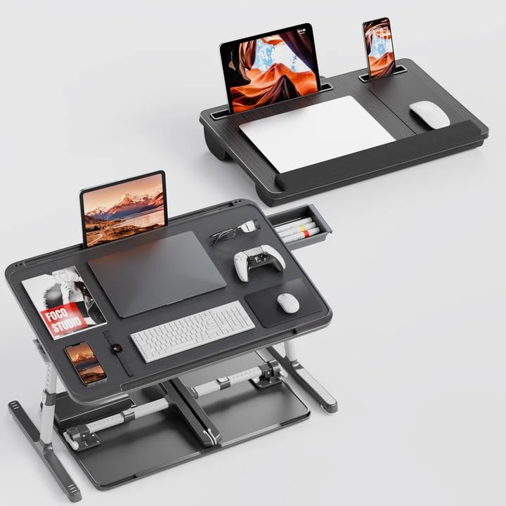 Potuopy Lap Desk Combo, Adjustable Foldable Bed Tray Table with Storage Drawer & Wood Grain Surface, Laptop Stand with Cushion, Wrist Pad, 2 Upgraded Mouse Pads, Tablet & Phone Slots, Supports 17" Lap
