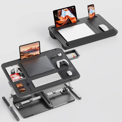 Potuopy Lap Desk Combo, Adjustable Foldable Bed Tray Table with Storage Drawer & Wood Grain Surface, Laptop Stand with Cushion, Wrist Pad, 2 Upgraded Mouse Pads, Tablet & Phone Slots, Supports 17" Lap