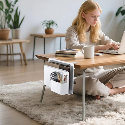 Desk Side Storage, Metal Laptop Holder with Magnetic Pen Box, Clamp-On Under Desk Organizer with Cooling Holes & Anti-Scratch Pads for Office and Home (White) - color: White