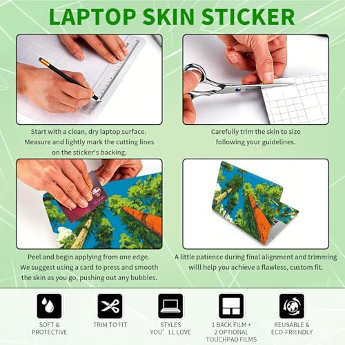 Laptop Skin Sticker Decal, Universal Protective Cover Fit 12 13 14 15.6 Inch Notebook, Reusable Water-Resistant Vinyl Decal w/ 2 Wrist Pads for Business Travel Office, Green Forest Trees - color: Green Forest Trees