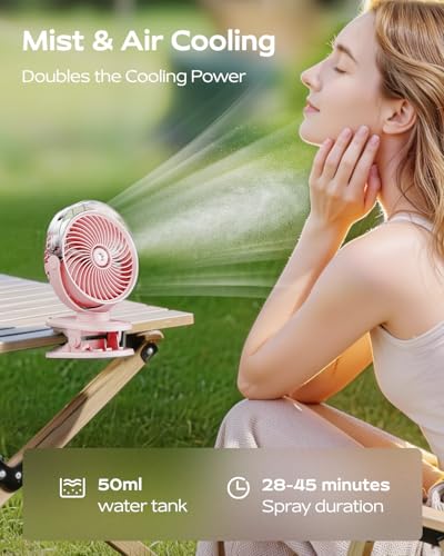 SWEETFULL Portable Misting Clip On Fan, USB-C Rechargeable Mini Personal Cooling Fan with 4 Speeds, 360° Rotatable, Quiet Cooling for Outdoor, Camping, Golf Cart, Travel, Stroller & Desk (Pink) - color: Pink
