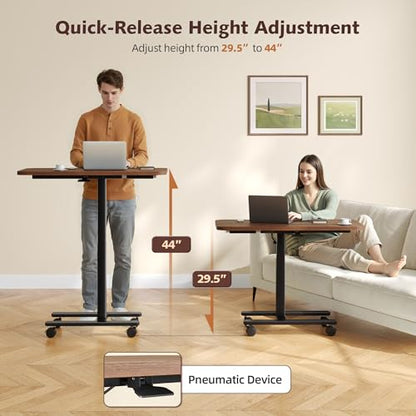 Homkdom C Shaped Table with Wheels, Side End Table with Extended Desktop, Adjustable Rolling Desk for Small Space, Dorm, Height Adjustment (29.5"-44"), Walnut Brown - color: Walnut Brown