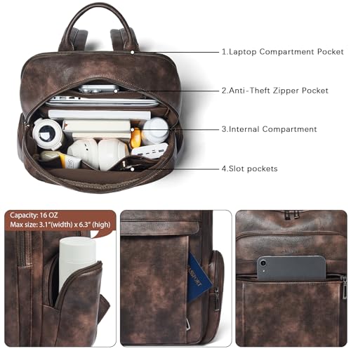 17 inch Laptop Backpack for Women, Leather Computer Backpack Purse - color: Coffee