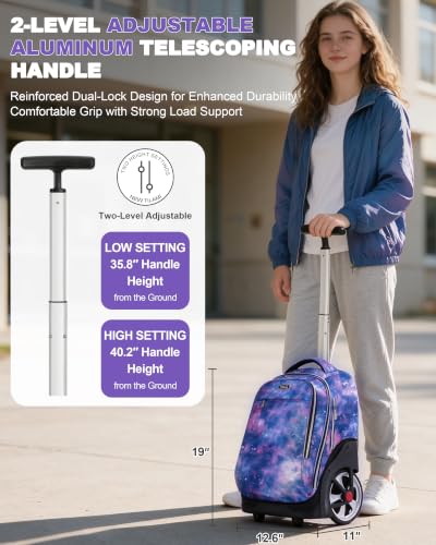 NEW TILAMI 19 Inch Rolling Backpack with Lunch Bag School Stair-Climbing | Stair-Climbing Teen Boys Girls Carry-on Suitcase Large Compartment 15.6 Laptop Sleeve Adjustable Handle Roller Travel Bag - color: Purple Star