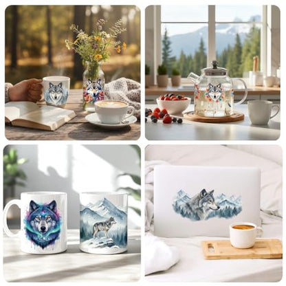 Peacoblue UV DTF Cup Wraps Transfer Stickers Wolves with Dreamcatchers and Mountains Pattern, 10 Sheets Waterproof Custom Transfer Sticker 16oz Coffee Glass Tumbler Bottle Mug Decals for Men Women - style: Wolves with Dreamcatchers and Mountains