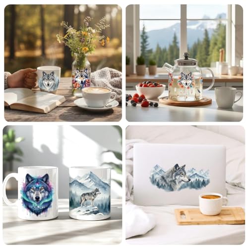 Peacoblue UV DTF Cup Wraps Transfer Stickers Wolves with Dreamcatchers and Mountains Pattern, 10 Sheets Waterproof Custom Transfer Sticker 16oz Coffee Glass Tumbler Bottle Mug Decals for Men Women - style: Wolves with Dreamcatchers and Mountains